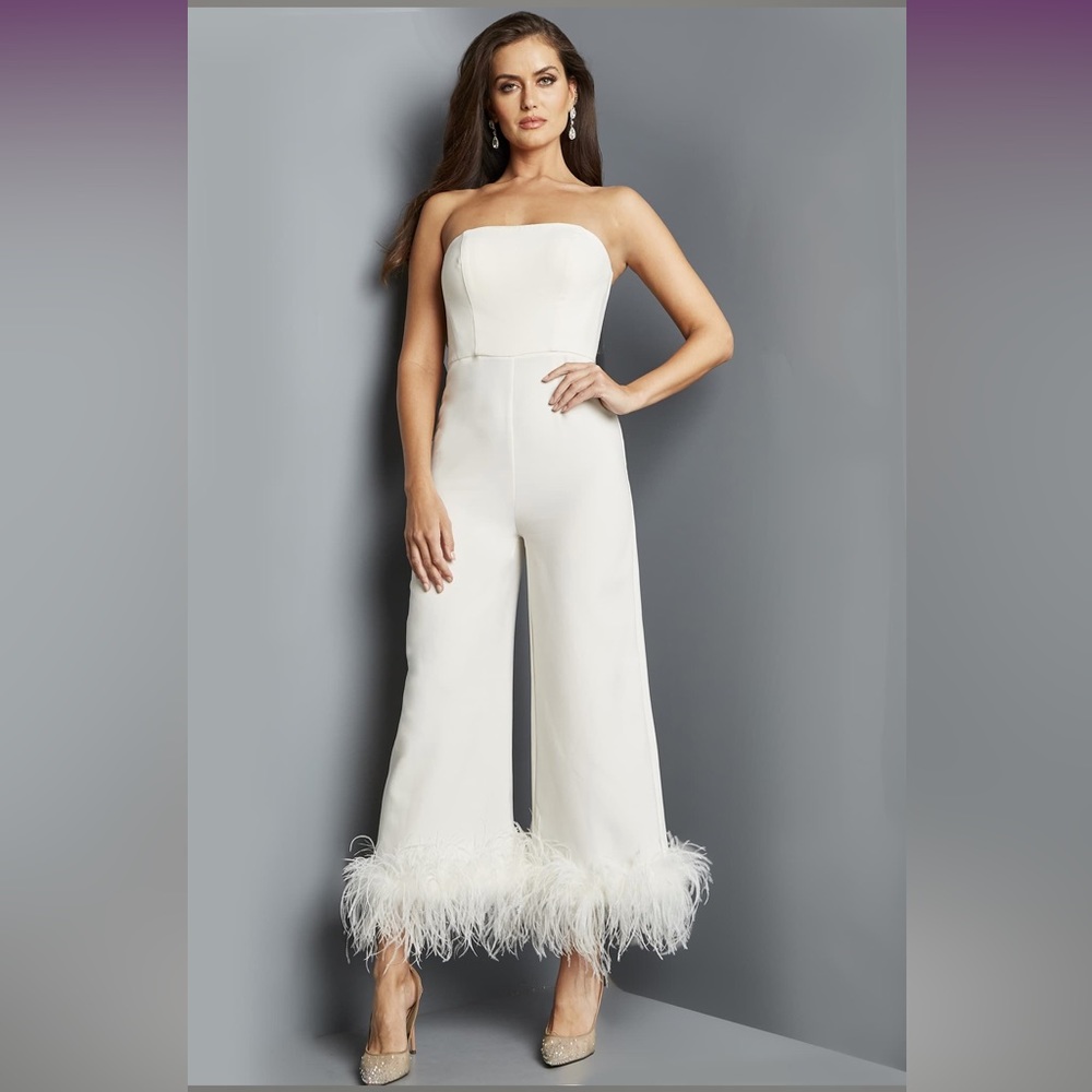 Jovani Feather Hem Strapless Jumpsuit - Size 10 - BLACK